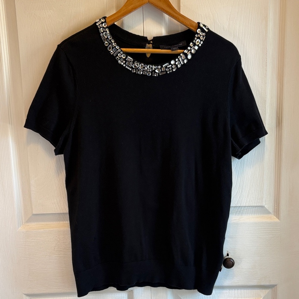 Tommy Hilfiger Black Short Sleeve Sweater with Embellished Neckline
